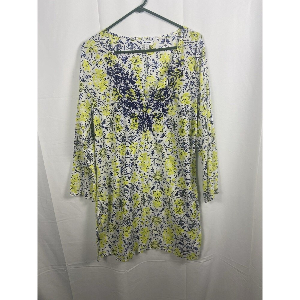 Old Navy Women’s Swim Cover Up Blue Embroidery Yellow Florals Sz XL Long Sleeve